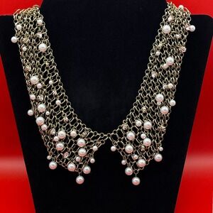 Serefina Gold Tone Chainmail Faux Pearl Bib Collar Statement Necklace 18in Twee